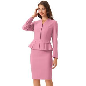 Business Suit Set 2Piece Collarless Peplum Blazer Pencil Skirt Dark Rose